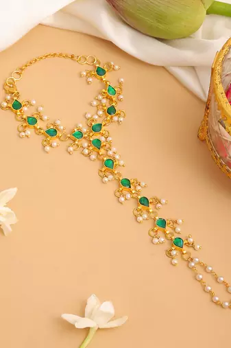 Gold plated kundan green haathphool