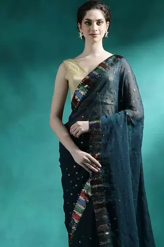 Teal sequence embroidered saree with unstitched blouse piece