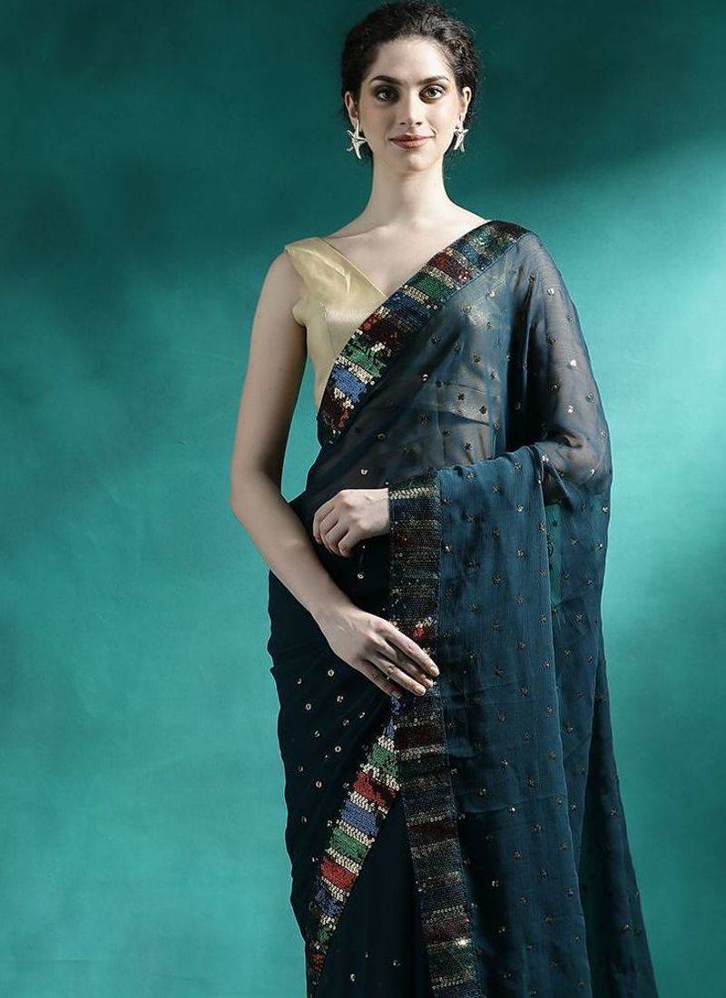 Teal sequence embroidered saree with unstitched blouse piece