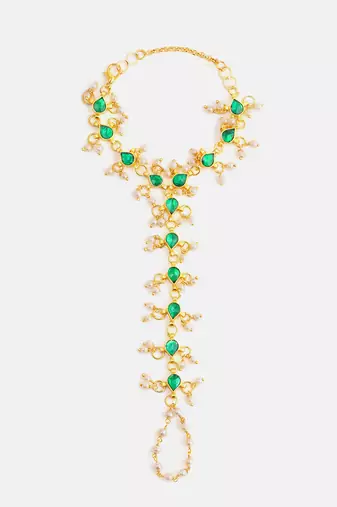 Gold plated kundan green haathphool