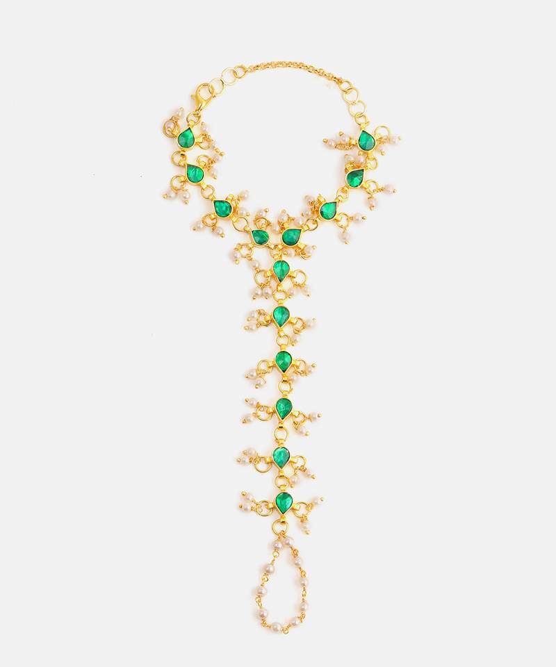Gold plated kundan green haathphool