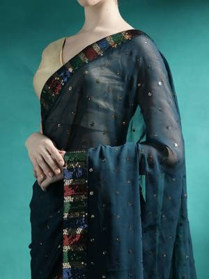 Teal sequence embroidered saree with unstitched blouse piece 5