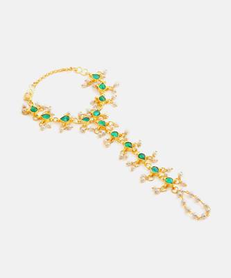 Gold plated kundan green haathphool 3