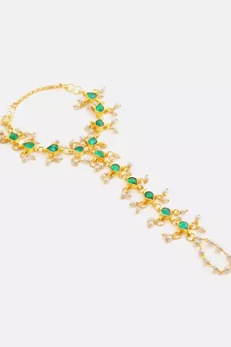 Gold plated kundan green haathphool