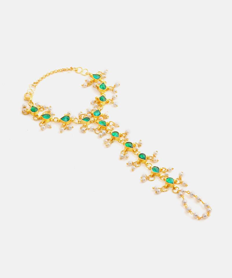 Gold plated kundan green haathphool