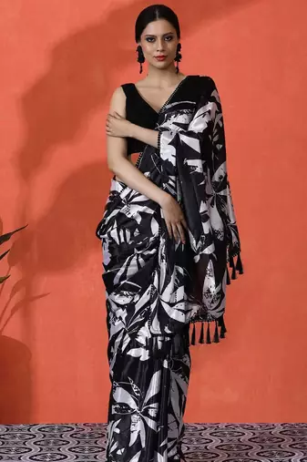 Black embellished floral printed digital printed satin saree with blouse piece