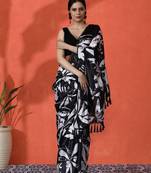 Black embellished floral printed digital printed satin saree with blouse piece