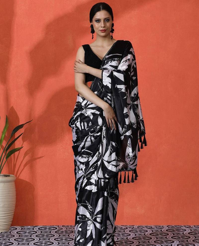 Black embellished floral printed digital printed satin saree with blouse piece