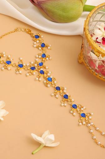 Gold plated kundan blue haathphool