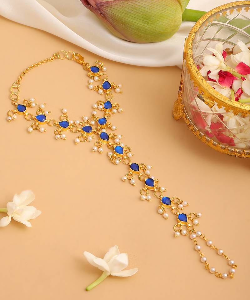 Gold plated kundan blue haathphool