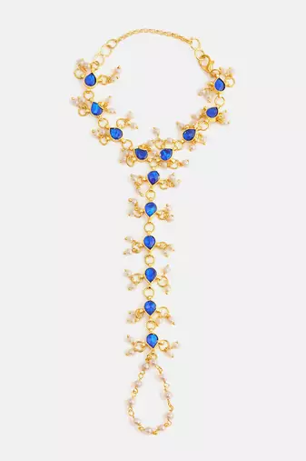 Gold plated kundan blue haathphool