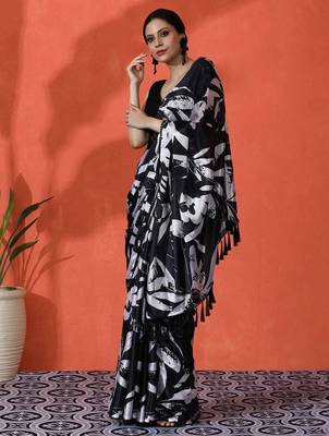 Black embellished floral printed digital printed satin saree with blouse piece 3