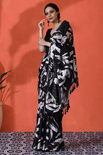 Black embellished floral printed digital printed satin saree with blouse piece