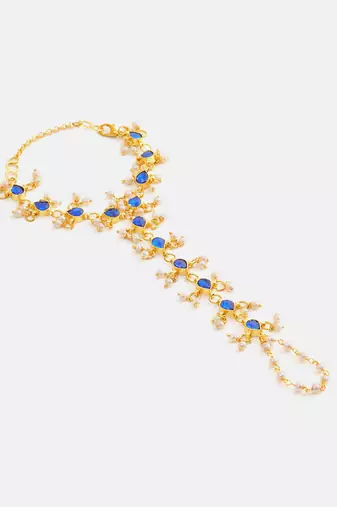 Gold plated kundan blue haathphool