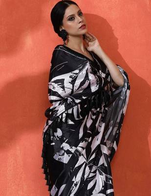 Black embellished floral printed digital printed satin saree with blouse piece 5