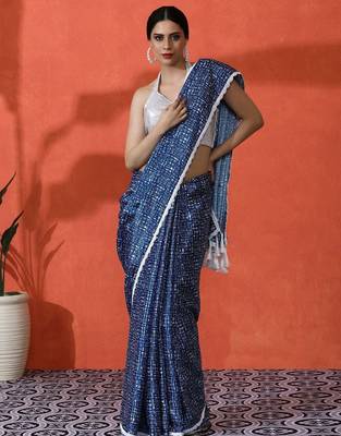 Blue embellished checked printed digital printed satin saree with blouse piece 1