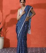 Blue embellished checked printed digital printed satin saree with blouse piece
