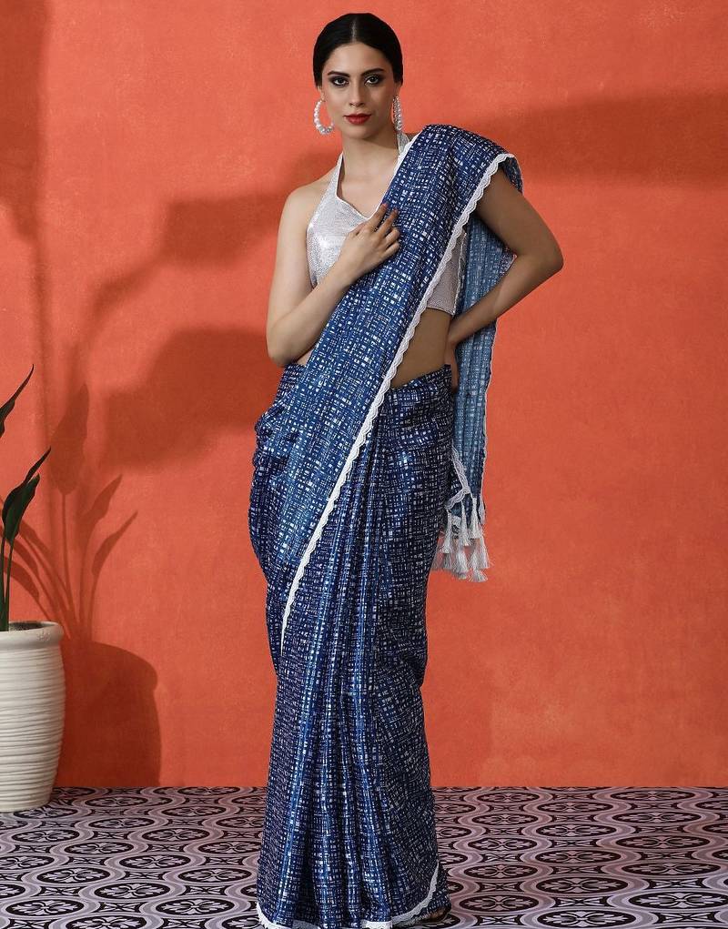 Blue embellished checked printed digital printed satin saree with blouse piece