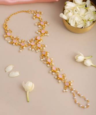 Gold plated kundan pink white beaded haathphool 2