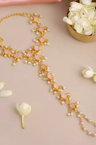 Gold plated kundan pink white beaded haathphool