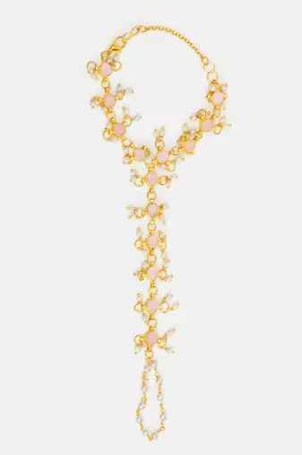Gold plated kundan pink white beaded haathphool