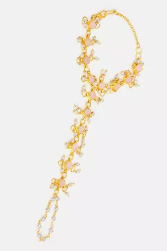 Gold plated kundan pink white beaded haathphool