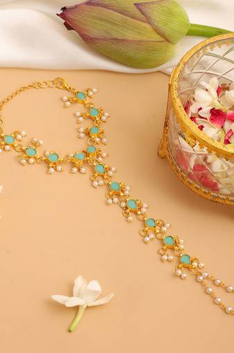 Gold plated kundan green haathphool