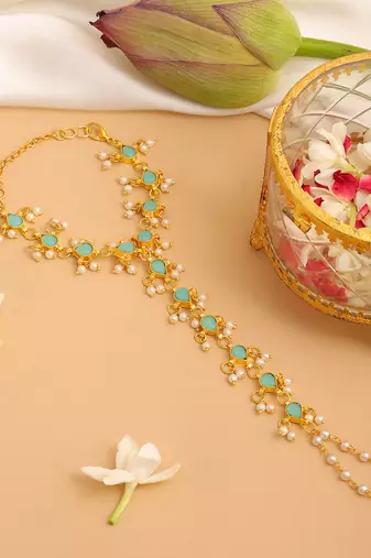 Gold plated kundan green haathphool