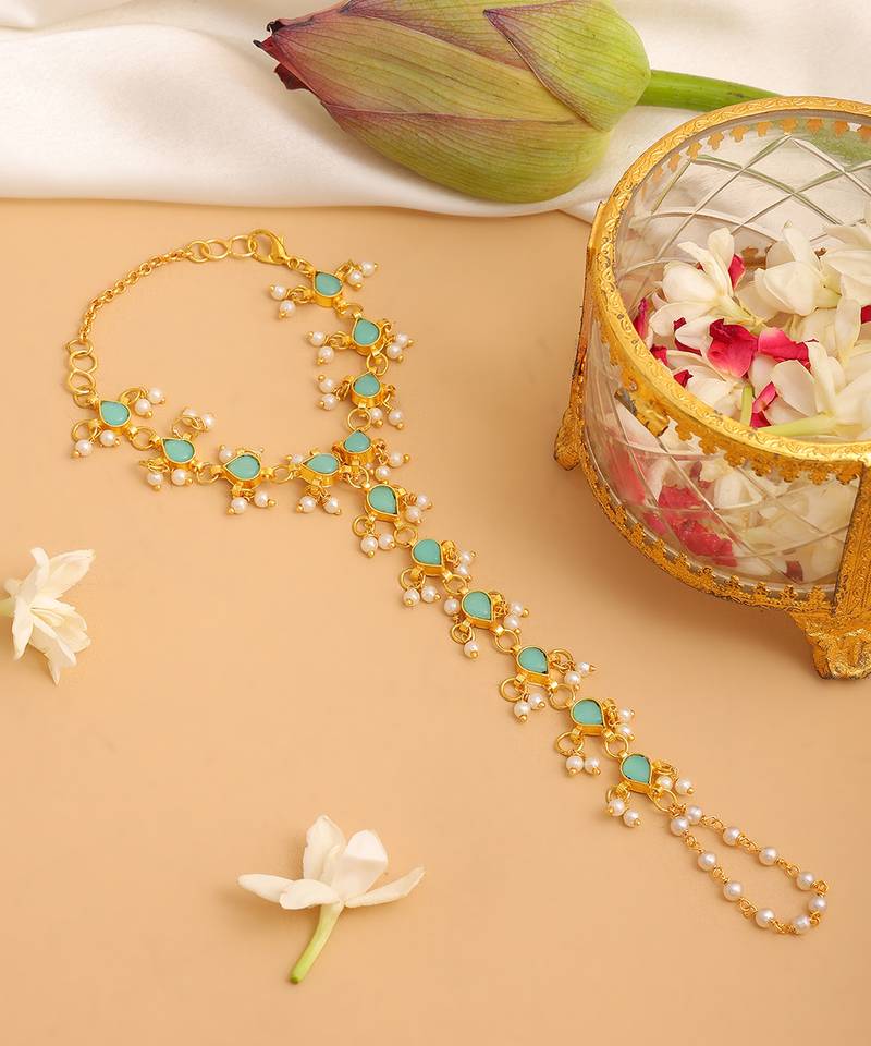 Gold plated kundan green haathphool