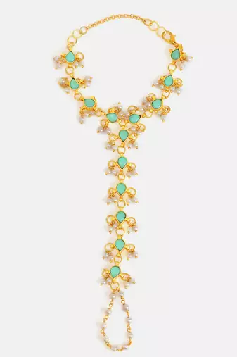 Gold plated kundan green haathphool