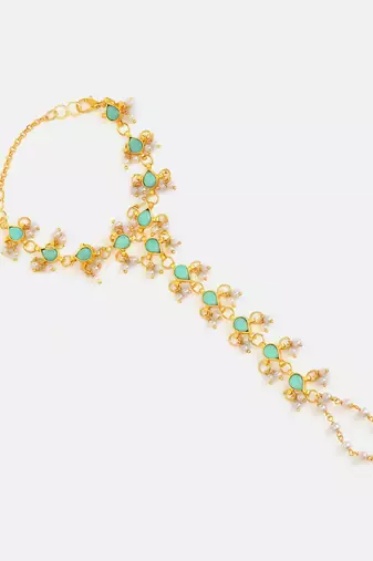 Gold plated kundan green haathphool