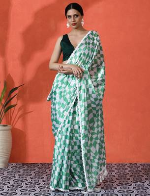 Green embellished checked printed digital printed satin saree with blouse piece 1