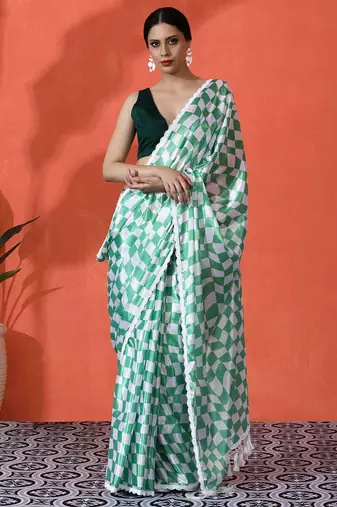 Green embellished checked printed digital printed satin saree with blouse piece