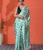 Green embellished checked printed digital printed satin saree with blouse piece