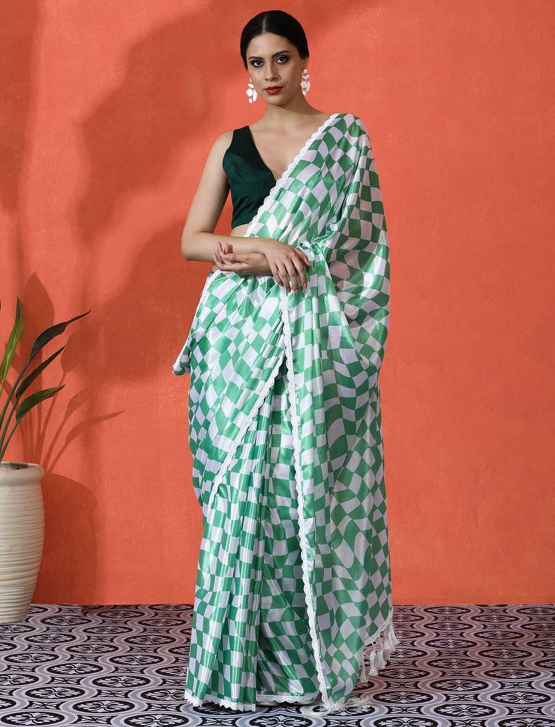 Green embellished checked printed digital printed satin saree with blouse piece