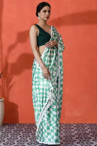 Green embellished checked printed digital printed satin saree with blouse piece