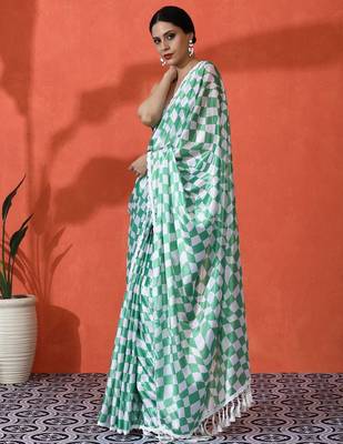 Green embellished checked printed digital printed satin saree with blouse piece 3