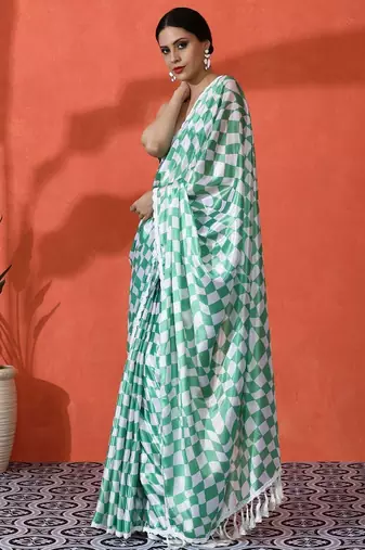 Green embellished checked printed digital printed satin saree with blouse piece