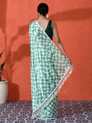 Green embellished checked printed digital printed satin saree with blouse piece 4