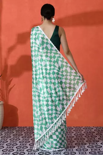 Green embellished checked printed digital printed satin saree with blouse piece