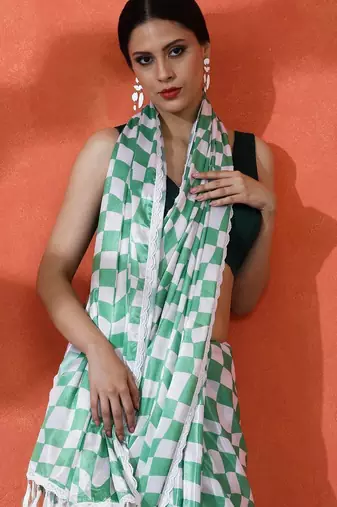 Green embellished checked printed digital printed satin saree with blouse piece