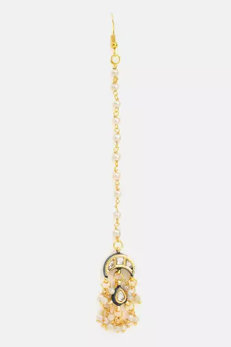 Gold plated kundan white beaded maang-tikka