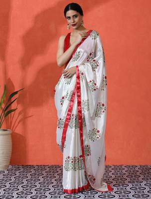 White embellished floral printed digital printed satin saree with blouse piece 1