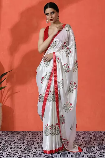 White embellished floral printed digital printed satin saree with blouse piece