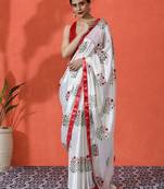 White embellished floral printed digital printed satin saree with blouse piece