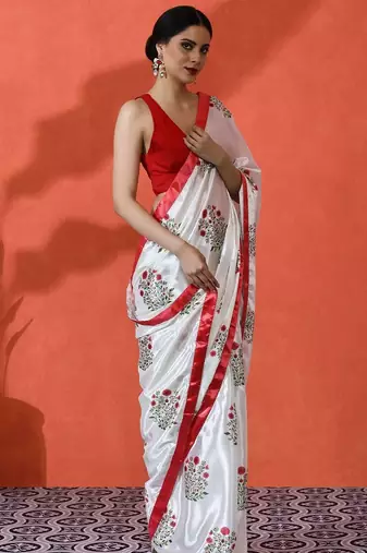 White embellished floral printed digital printed satin saree with blouse piece