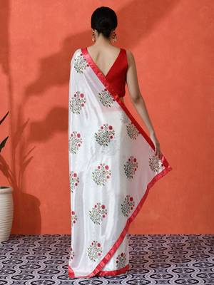 White embellished floral printed digital printed satin saree with blouse piece 3