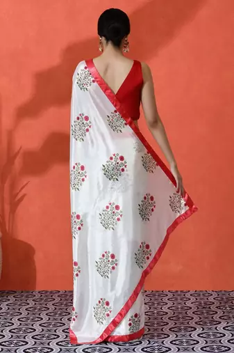 White embellished floral printed digital printed satin saree with blouse piece