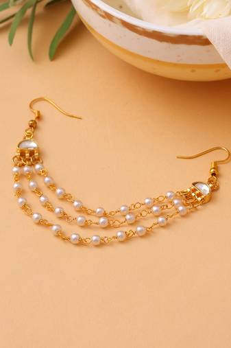 Gold plated kundan white beaded multi layered hair pin