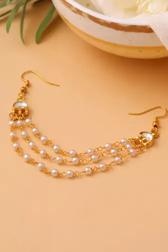 Gold plated kundan white beaded multi layered hair pin